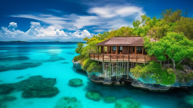 Una imagen cautivadora de una lujosa villa isleña que se mezcla armoniosamente con su prístino y tranquilo entorno tropical