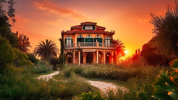 Una imagen cautivadora de una lujosa villa de verano iluminada por una impresionante puesta de sol que evoca una sensación de opulencia y tranquilidad.