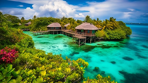 Foto una imagen cautivadora de un lujoso resort isleño que cuenta con encantadores bungalows frente al mar y un impresionante entorno natural.