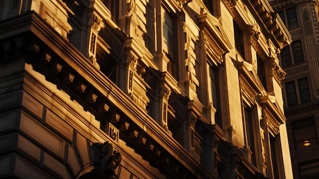 Foto imagen cautivadora de una majestuosa fachada de edificios históricos bañada en el cálido resplandor de la luz de la tarde sublimes sombras enfatizan artísticamente sus intrincados detalles arquitectónicos hipnotizantes