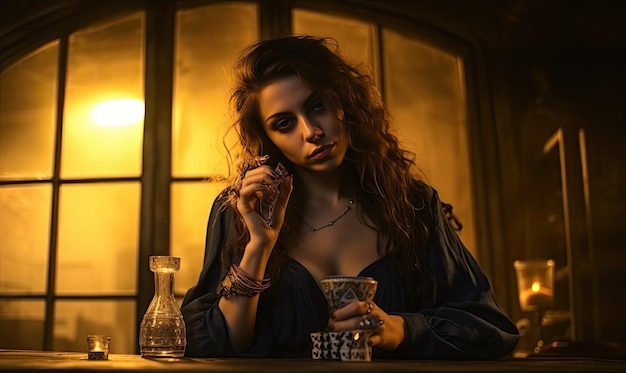 Una imagen cautivadora de una mujer en medio de una partida de póquer. Su retrato muestra una mezcla de confianza, elegancia y un toque de rebelión mientras disfruta de un cigarrillo.