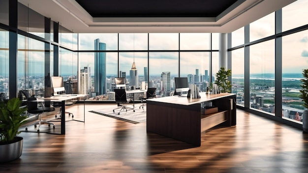 Una imagen cautivadora de una oficina moderna con vistas panorámicas de la ciudad que muestra elegancia y sofisticación para un entorno profesional de primer nivel