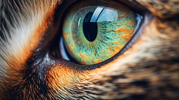 Una imagen cautivadora de los ojos de un gato que refleja colores vibrantes que representan sus agudos sentidos y ob