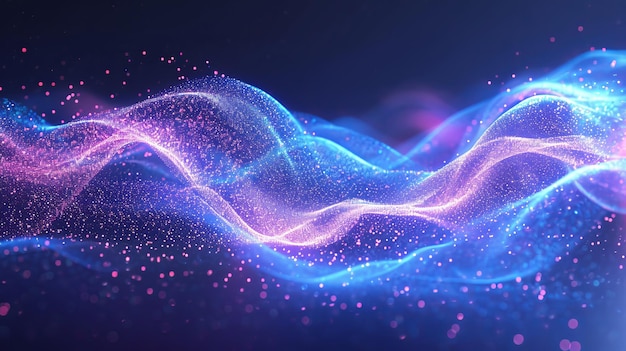 Una imagen cautivadora de partículas brillantes y ondas en brillantes tonos rosados y azules que simbolizan una fusión de tecnología e imaginación es AI Generative.