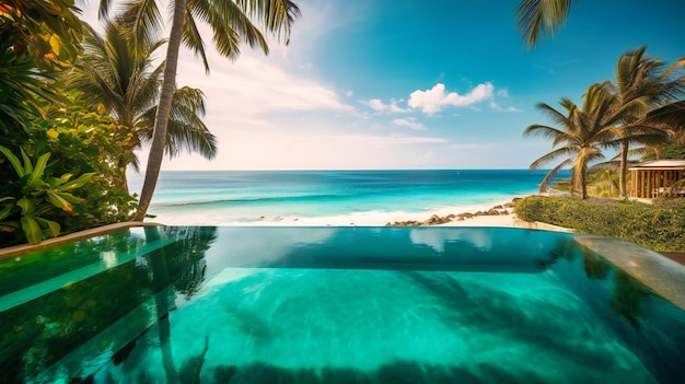 Una imagen cautivadora de una piscina infinita de lujo que se combina perfectamente con el paisaje de playa y la vegetación tropical circundantes