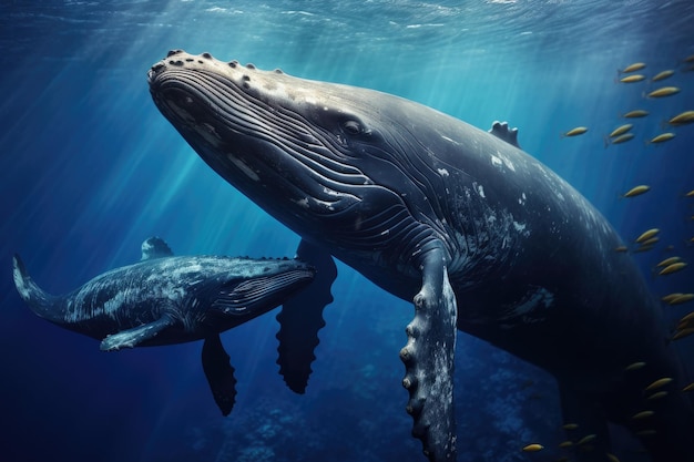 Una imagen cautivadora que captura el elegante movimiento de dos ballenas jorobadas nadando en su hábitat natural en el océano. Ballenas jorobadas comunicándose a través de intrincados patrones de canto generados por IA.