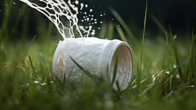 Imagen cautivadora de un recipiente de leche con una graciosa corriente de leche fresca que se derrama contra un fondo limpio