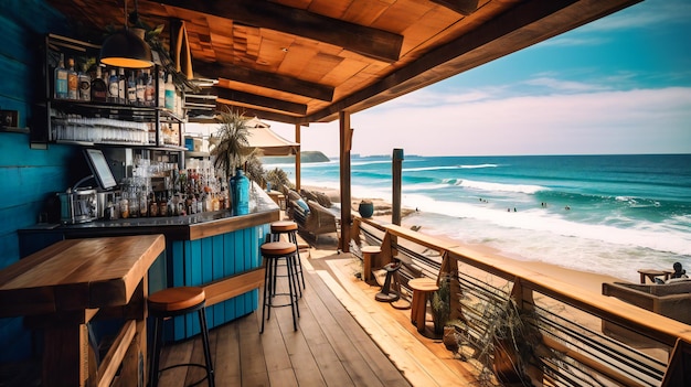 Una imagen cautivadora de un refugio junto a la playa que combina un diseño moderno con impresionantes vistas al océano para la mejor experiencia de club de playa