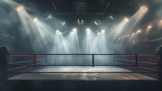 Una imagen cautivadora de un ring de boxeo profesional desocupado rodeado de espectaculares reflectores