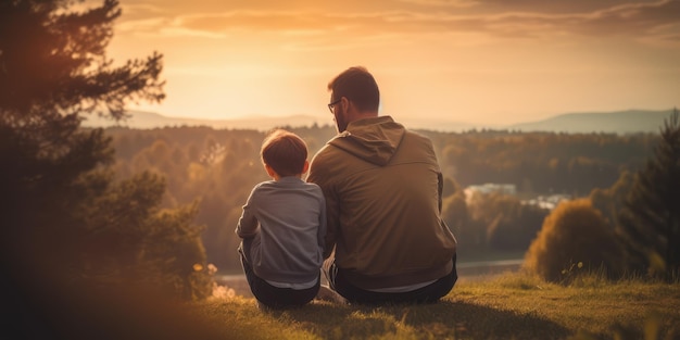 Imagen de celebración del día del padre del padre sentado junto al hijo viendo la puesta de sol