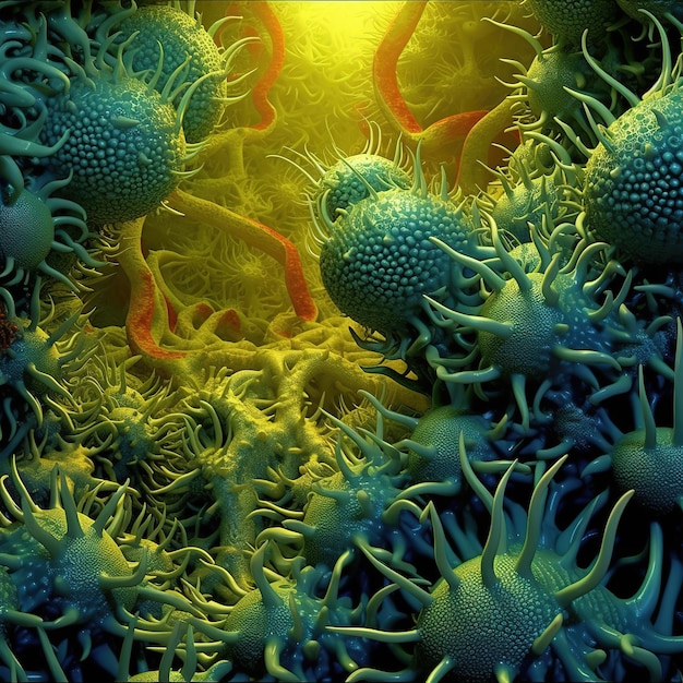 Una imagen de células de virus azules y verdes con el número 1