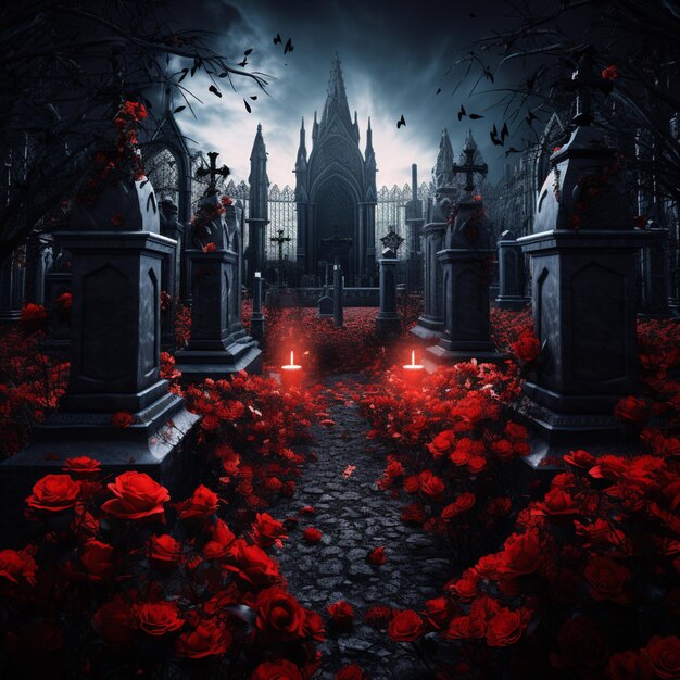 Foto imagen de un cementerio con rosas rojas y velas generativas ai