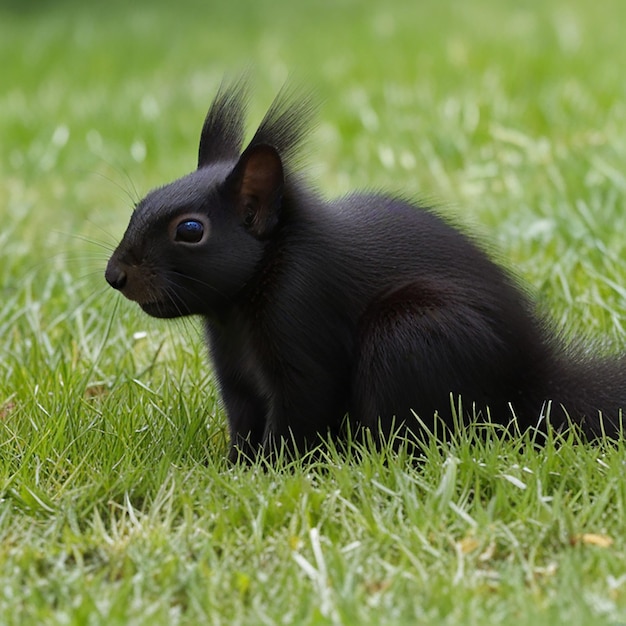 Foto imagen de cerca de una ardilla negra en el césped