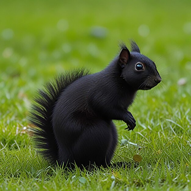 Imagen de cerca de una ardilla negra en el césped