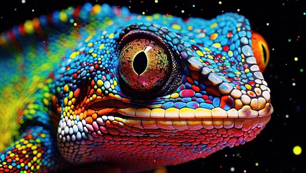 una imagen de cerca de un colorido lagarto camalón al estilo de la mezcla óptica puntillista