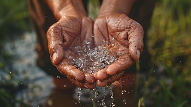 Foto imagen de cerca de dos manos arrugadas con tazas sosteniendo agua con un fondo de lago natural con espacio para texto o producto ia generativa