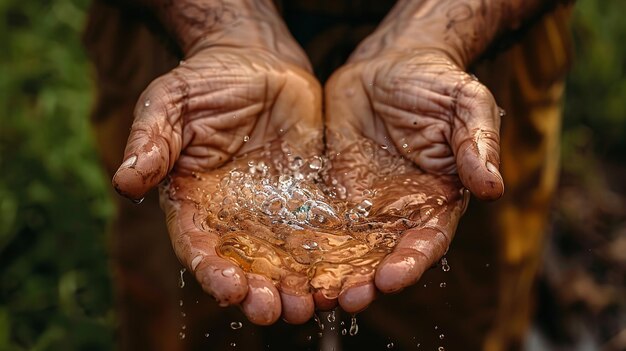 Foto imagen de cerca de dos manos arrugadas con tazas sosteniendo agua con un fondo de lago natural con espacio para texto o producto ia generativa