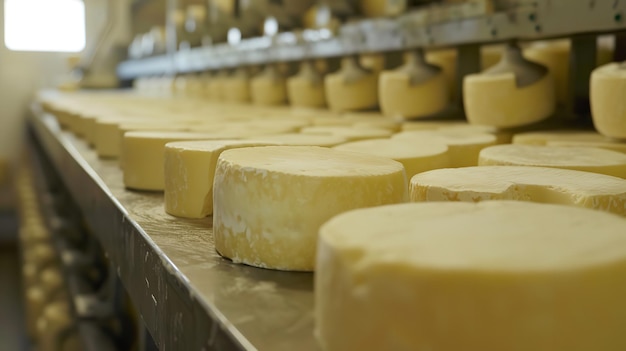 Imagen de cerca de una fábrica de queso con quesos en la cinta transportadora IA generativa