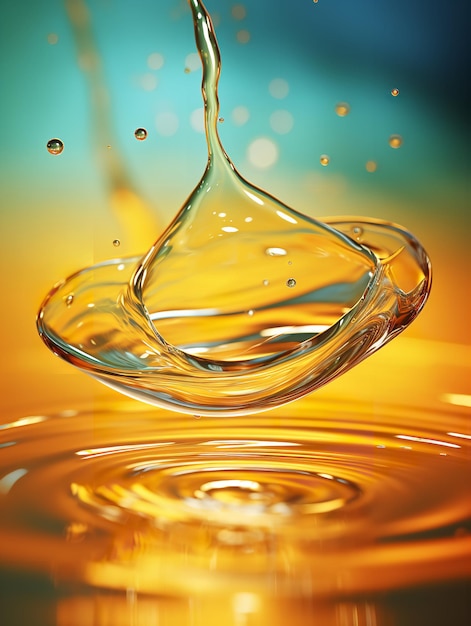 Imagen de cerca de una gota de aceite en un fondo amarillo con salpicaduras de IA generativa