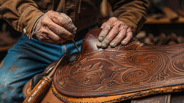 Foto una imagen de cerca de un hábil artesano que cosía a mano una hermosa silla de cuero con diseños intrincados