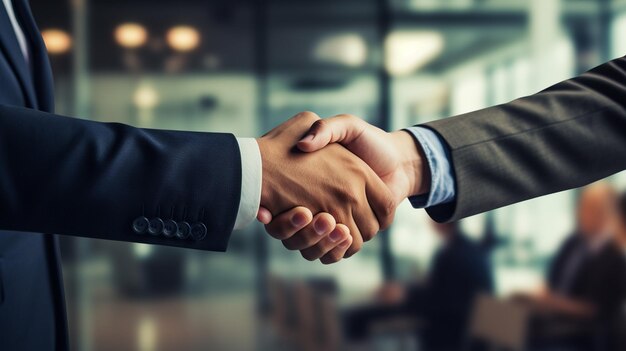 Foto imagen de cerca de un hombre de negocios estrechando la mano con sus colegas en el fondo de una reunión de negocios en una oficina moderna