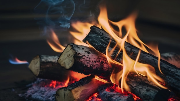 Imagen de cerca de la madera ardiendo en llamas brillantes