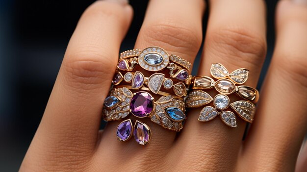 Imagen de cerca de una mano manicurada con impresionantes anillos de declaración que elevan cualquier aspecto