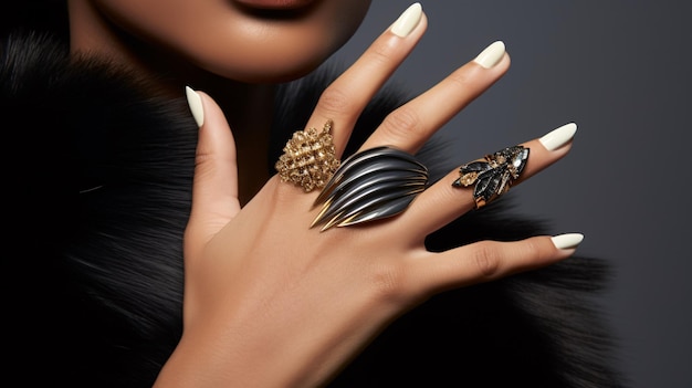 Imagen de cerca de una mano manicurada con impresionantes anillos de declaración que elevan cualquier aspecto