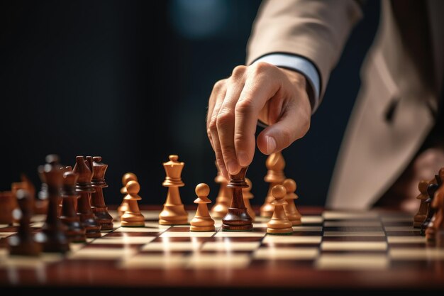 Imagen de cerca de la mano masculina moviendo la pieza de ajedrez generada