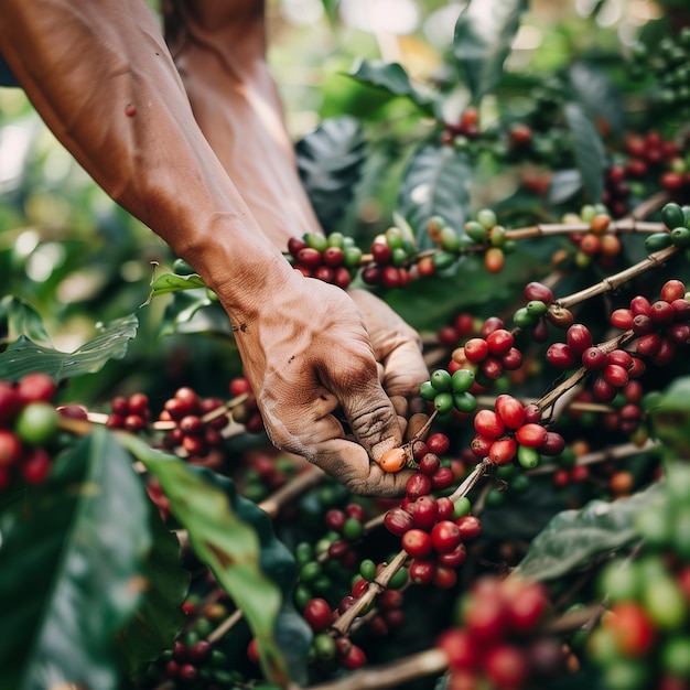 Imagen de cerca de la mano recogiendo bayas de café