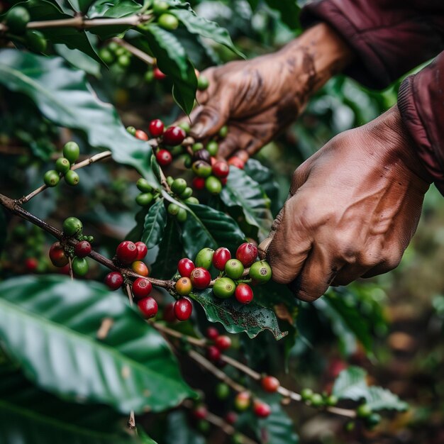 Imagen de cerca de la mano recogiendo bayas de café