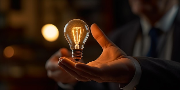 Imagen de cerca de la mano sosteniendo una bombilla de iluminación Idea concepto plan de negocios