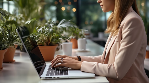 Imagen de cerca de manos femeninas escribiendo en el teclado de la computadora portátil Mujer de negocios respuesta de texto al cliente correo electrónico cliente compra en línea utilizando servicios de tienda web Internet y concepto de uso de tecnología inalámbrica moderna