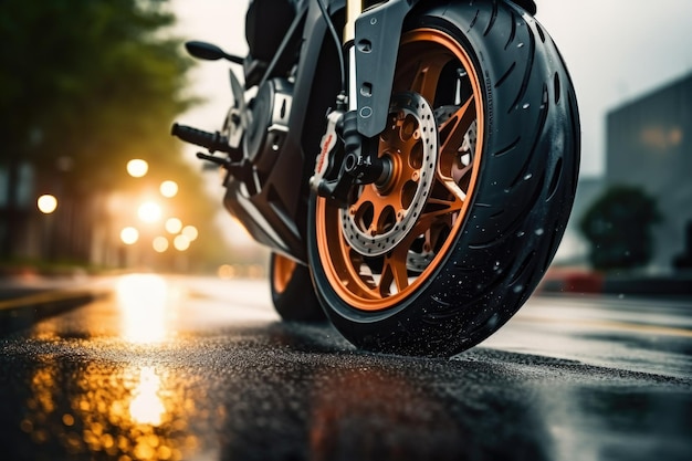 Imagen de cerca de un neumático de una motocicleta que va por la carretera con un borrón de movimiento