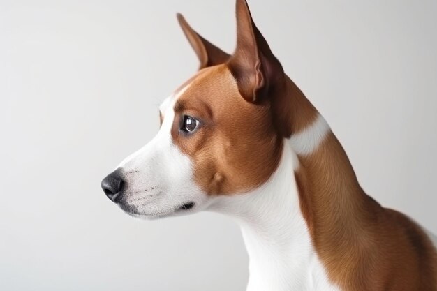 Foto imagen de cerca de un perro basenji pensativo y enfocado aislado en blanco