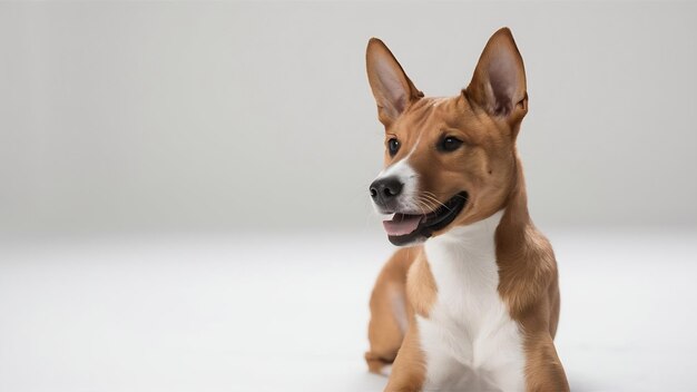 Imagen de cerca de un perro basenji pensativo y enfocado aislado en blanco