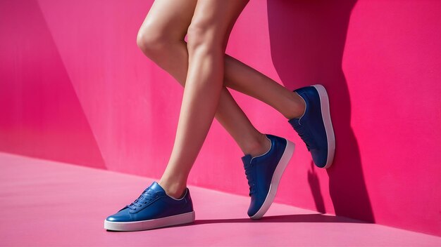 Imagen de cerca de piernas femeninas delgadas y lisas en zapatillas azules apoyadas contra una pared rosa