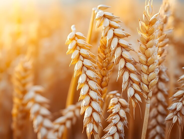 Imagen de cerca del trigo dorado en el campo al atardecer generada por la IA
