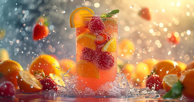 Imagen cercana de un vaso de jugo de cóctel de frutas con muchas frutas que lo rodean con un espacio de copia que representa el refresco de verano IA generativa