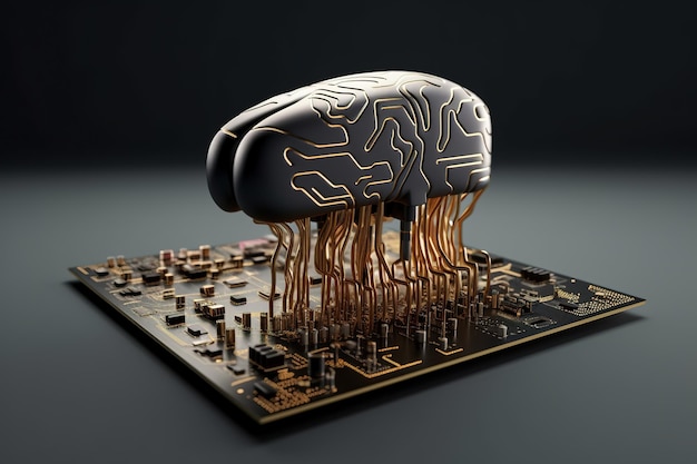 Imagen de un cerebro con concepto de tecnología con placas de circuitos electrónicos Ilustración generativa AI