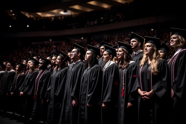 Foto imagen de una ceremonia de graduación con graduados con sus togas y birretes generative ai