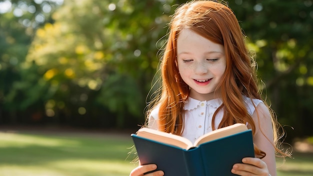 Imagen de una chica linda con el cabello largo de color marrón leyendo un libro interesante involucrada en la educación