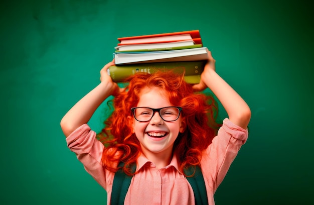 Imagen de una chica pelirroja con libros en la cabeza sobre un fondo verde