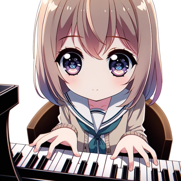 Foto una imagen de una chica tocando el piano con un personaje de anime en la pantalla