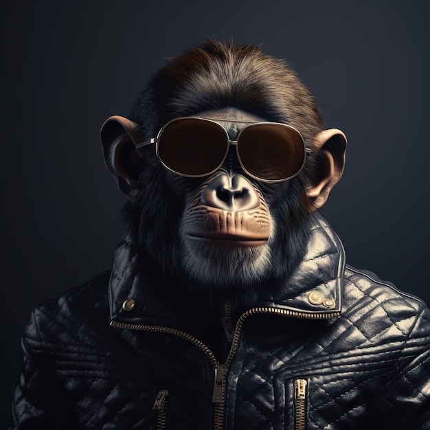 Imagen de un chimpancé con gafas de sol y una chaqueta de cuero negra en un fondo limpio Animales silvestres Ilustración IA generativa