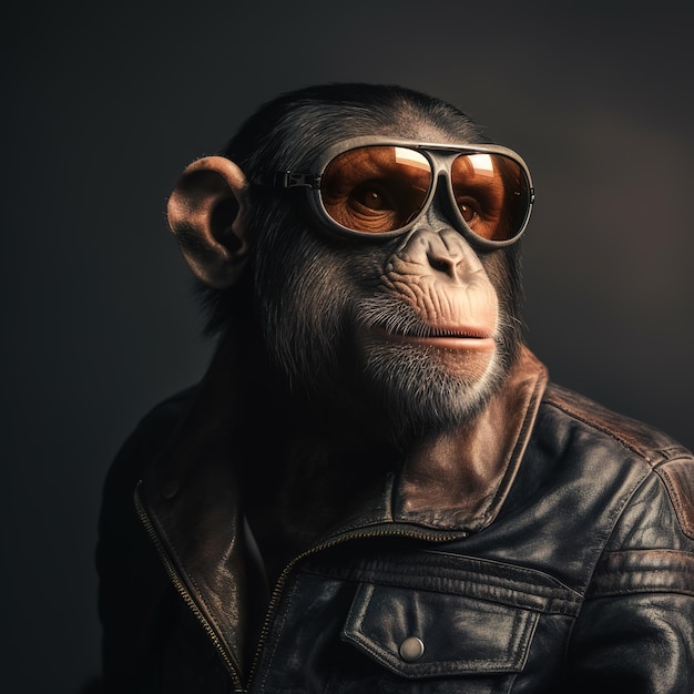 Imagen de un chimpancé con gafas de sol y una chaqueta de cuero negro sobre un fondo limpio Ilustración de animales salvajes IA generativa