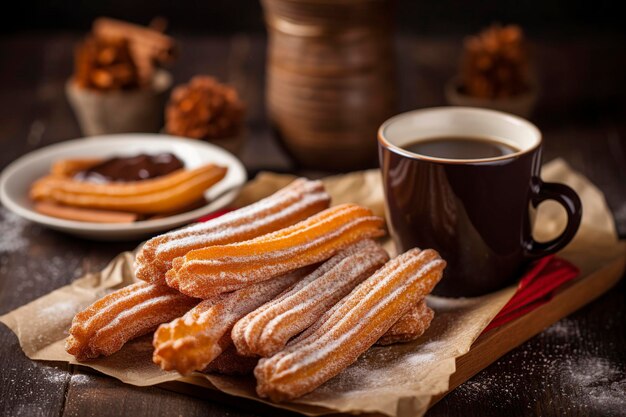 Foto imagen de churros españoles servidos con chocolate caliente