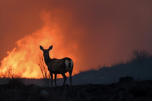 Imagen de ciervo en medio de incendios forestales y humo Ilustración de animales salvajes IA generativa