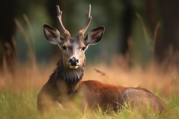 Imagen de un ciervo sambar descansando en la hierba verde del pasto en verano Animales salvajes Ilustración IA generativa