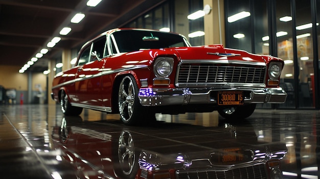 Imagen cinemática con zoom y alejamiento de la plataforma rodante del galardonado Lowrider 1964 Chevy Showcase con Ultra HD